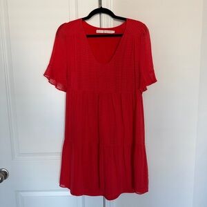 Marie Oliver 100% Silk Red High Low Dress Size M Sheer Short Sleeves Round Neck